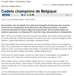 Les Cadets Champions de Belgique de Baseball en 2008